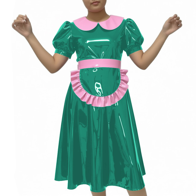 Shiny Party Midi French Maid Dress Sets Glossy PVC Leather Peter Pan Collar Sweet A-line Dress with Apron Sissy Maid Uniforms