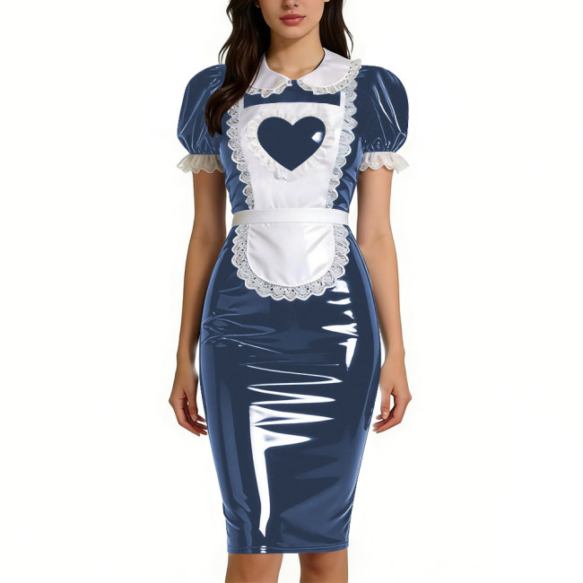 Womens Sweet Heart Apron Slim Maid Dresses Short Sleeve PVC Shiny Leather Lace Trim Servant Dress Sets Party Rolepaly Outfits