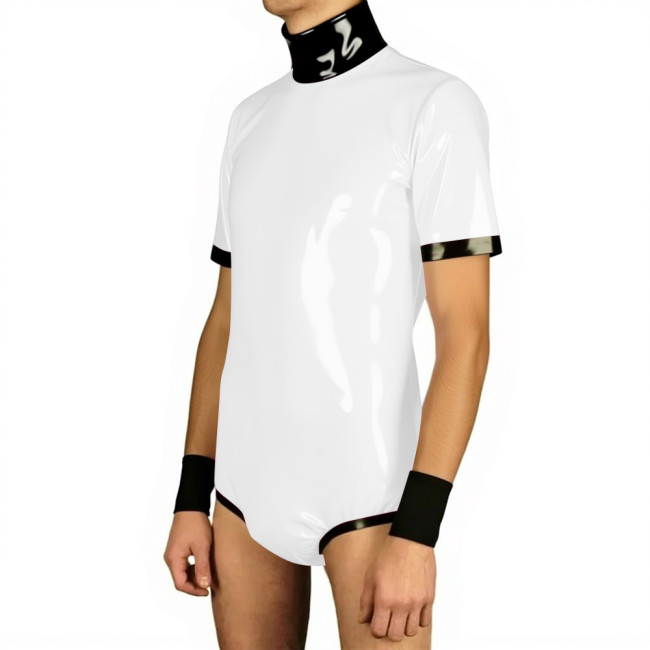 Mens Nightclub Short Sleeve Glossy Bodysuit Male Turtleneck Sexy Patchwork Rompers for Theme Party Dress Up Wetlook Clubwear