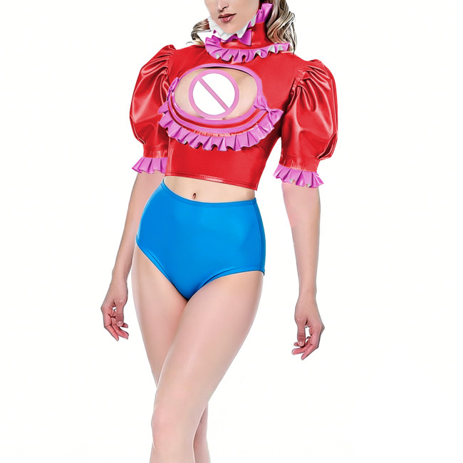 Womens Hollow Out Hot Sexy Crop Top Vinyl PVC Leather Puff Short Sleeve Blouse Exotic Ruffles Open Chest Tops Night Club Wear