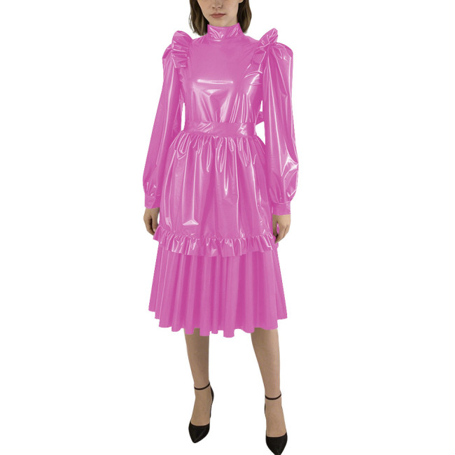 Puff Sleeve Shiny PVC Leather Midi Pleated Dress with Apron Sissy Maid Uniforms for Theme Party Maid Servant Cosplay Costume
