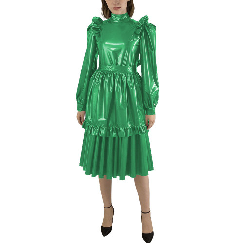 Puff Sleeve Shiny PVC Leather Midi Pleated Dress with Apron Sissy Maid Uniforms for Theme Party Maid Servant Cosplay Costume