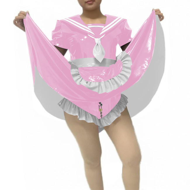Sissy Lockable Preppy Style Sailor Collar Skirted Bodysuit Short Sleeve Party Cosplay PVC Maid Dress with Apron Roleplay Outfit
