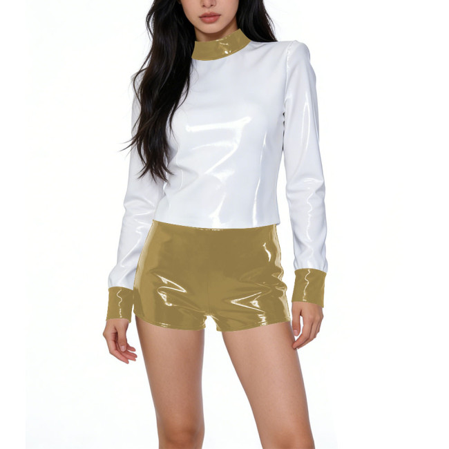 Vinyl PVC Leather Womens Shiny 2-Piece Outfit Long-Sleeve Mock Neck Top and High-Waisted Shorts Set Female Club Party Costume