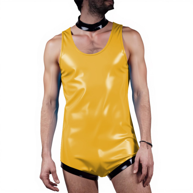 Men Undershirts Leotard Glossy Sleeveless Tank Bodysuit Sexy One-Piece Wetlook PVC Leather Vest Rompers Male Club Party Lingerie