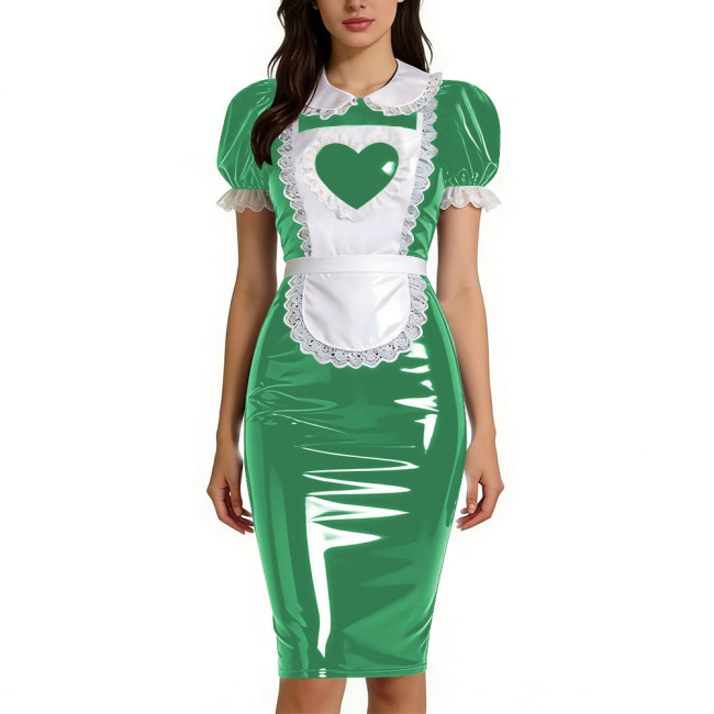 Womens Sweet Heart Apron Slim Maid Dresses Short Sleeve PVC Shiny Leather Lace Trim Servant Dress Sets Party Rolepaly Outfits