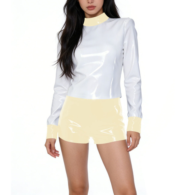 Vinyl PVC Leather Womens Shiny 2-Piece Outfit Long-Sleeve Mock Neck Top and High-Waisted Shorts Set Female Club Party Costume