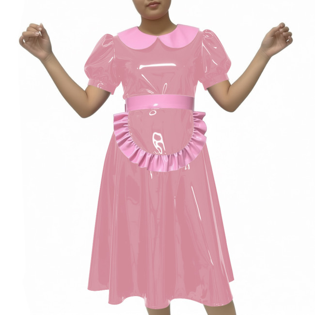 Shiny Party Midi French Maid Dress Sets Glossy PVC Leather Peter Pan Collar Sweet A-line Dress with Apron Sissy Maid Uniforms