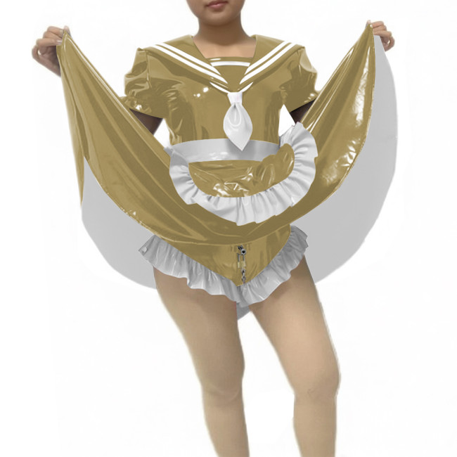 Sissy Lockable Preppy Style Sailor Collar Skirted Bodysuit Short Sleeve Party Cosplay PVC Maid Dress with Apron Roleplay Outfit