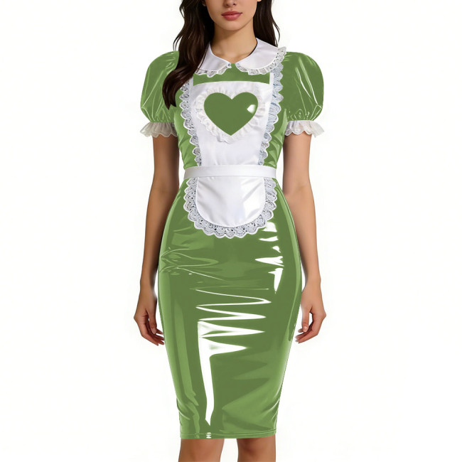 Womens Sweet Heart Apron Slim Maid Dresses Short Sleeve PVC Shiny Leather Lace Trim Servant Dress Sets Party Rolepaly Outfits