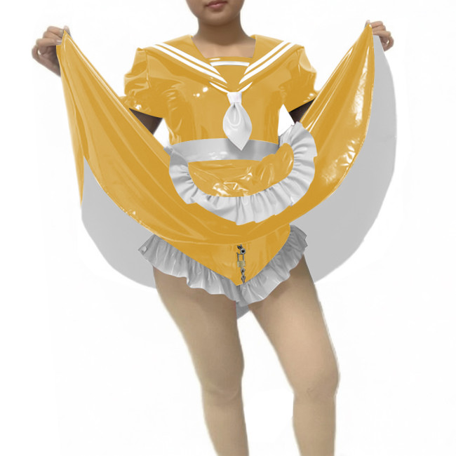 Sissy Lockable Preppy Style Sailor Collar Skirted Bodysuit Short Sleeve Party Cosplay PVC Maid Dress with Apron Roleplay Outfit