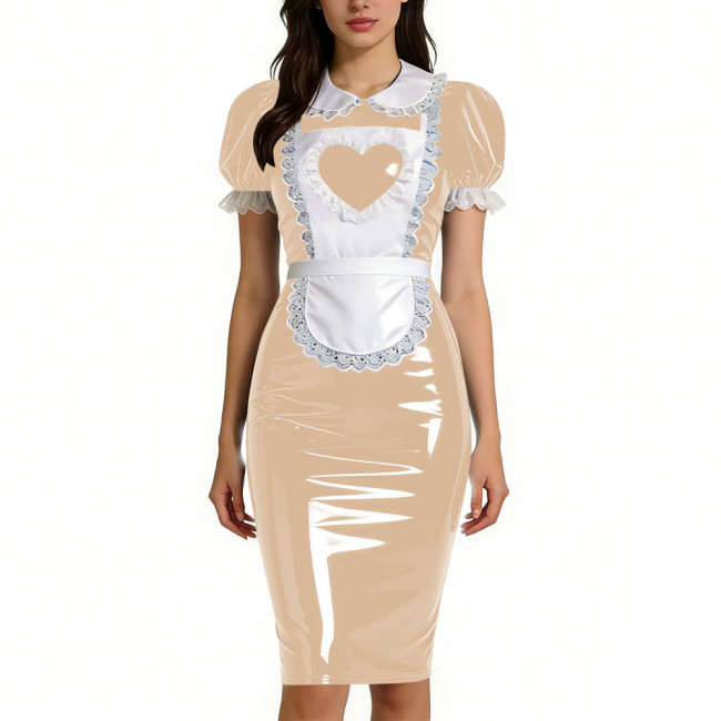Womens Sweet Heart Apron Slim Maid Dresses Short Sleeve PVC Shiny Leather Lace Trim Servant Dress Sets Party Rolepaly Outfits