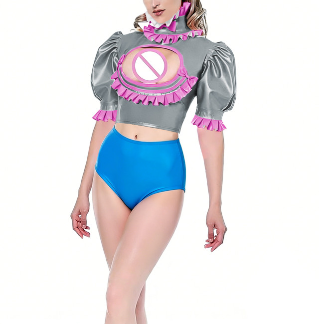 Womens Hollow Out Hot Sexy Crop Top Vinyl PVC Leather Puff Short Sleeve Blouse Exotic Ruffles Open Chest Tops Night Club Wear