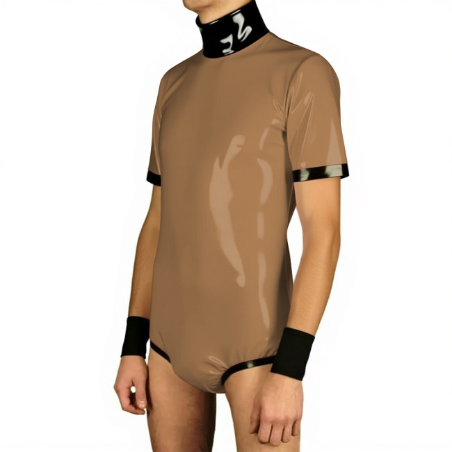 Mens Nightclub Short Sleeve Glossy Bodysuit Male Turtleneck Sexy Patchwork Rompers for Theme Party Dress Up Wetlook Clubwear