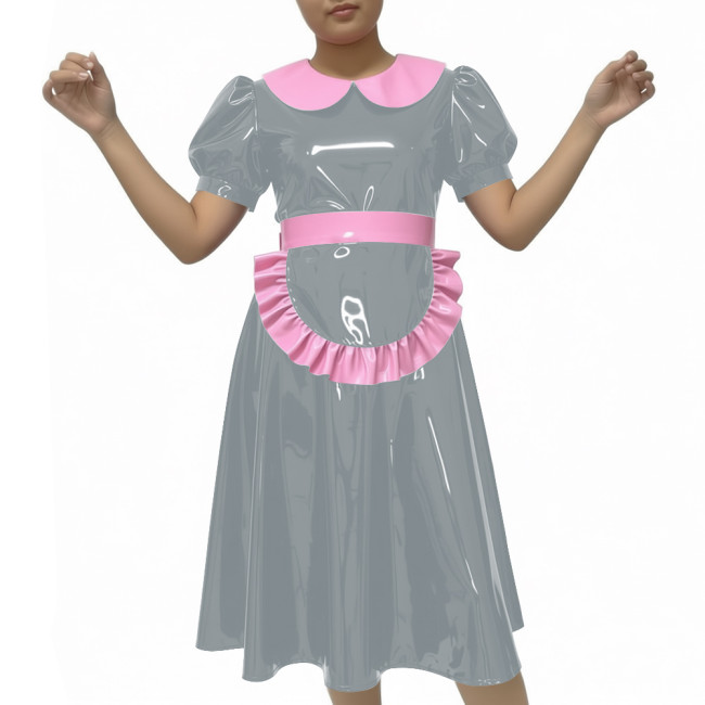 Shiny Party Midi French Maid Dress Sets Glossy PVC Leather Peter Pan Collar Sweet A-line Dress with Apron Sissy Maid Uniforms