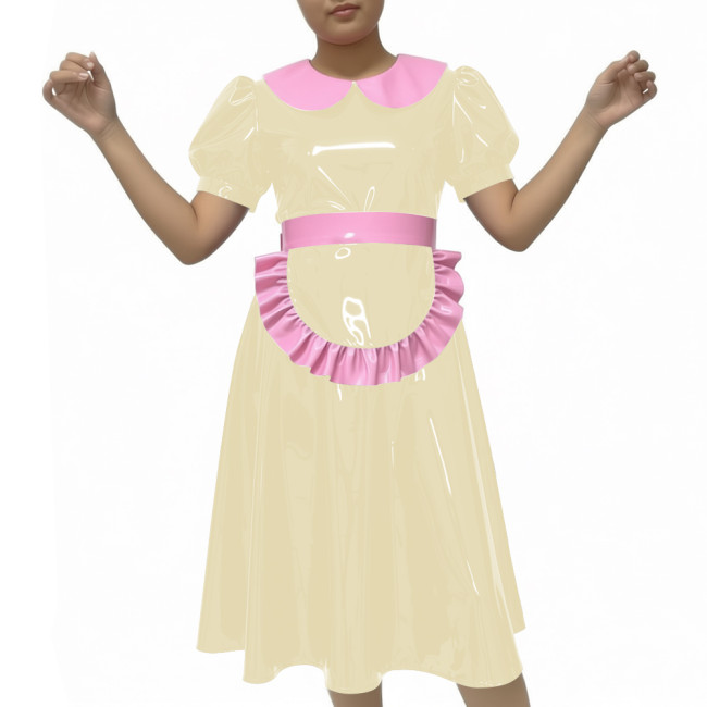 Shiny Party Midi French Maid Dress Sets Glossy PVC Leather Peter Pan Collar Sweet A-line Dress with Apron Sissy Maid Uniforms