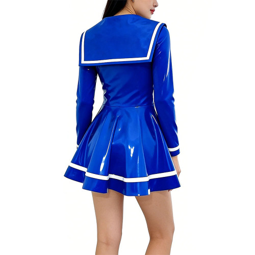 Women's Vinyl PVC Leather Sailor Collar Mini Dress Long-Sleeve Glossy Pleated Short Dress with White Trim Fashion Party Clubwear