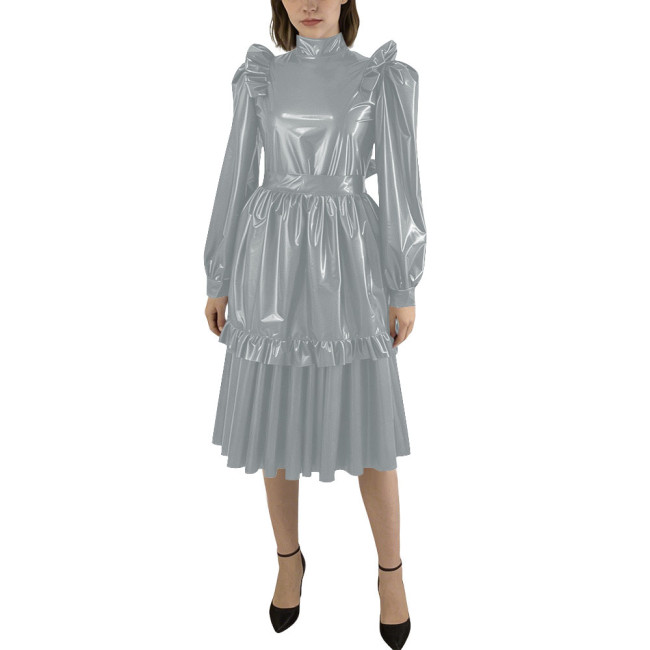Puff Sleeve Shiny PVC Leather Midi Pleated Dress with Apron Sissy Maid Uniforms for Theme Party Maid Servant Cosplay Costume