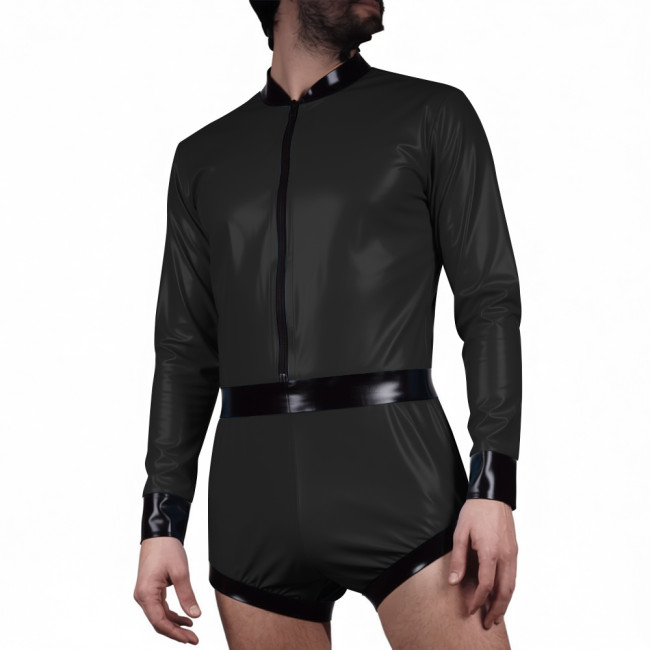 Men's Glossy PVC Leather Long-Sleeve Bodysuit with Black Trim Club Zipper Front Sexy Rompers Roleplay Outfit Male Party Leotard