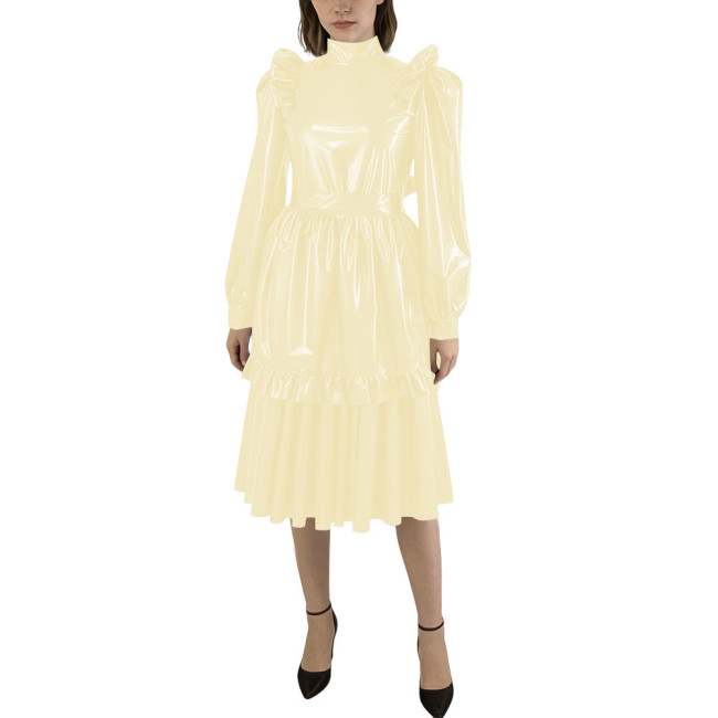Puff Sleeve Shiny PVC Leather Midi Pleated Dress with Apron Sissy Maid Uniforms for Theme Party Maid Servant Cosplay Costume