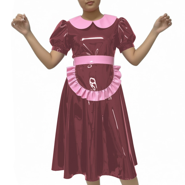 Shiny Party Midi French Maid Dress Sets Glossy PVC Leather Peter Pan Collar Sweet A-line Dress with Apron Sissy Maid Uniforms