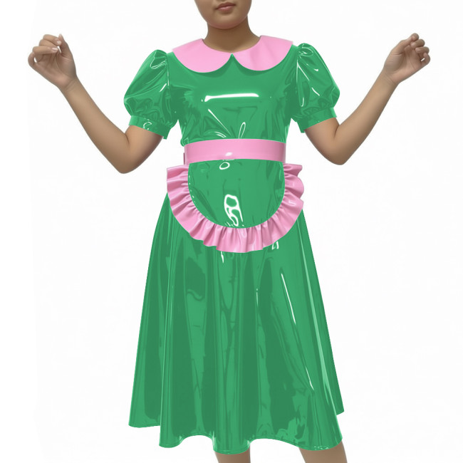 Shiny Party Midi French Maid Dress Sets Glossy PVC Leather Peter Pan Collar Sweet A-line Dress with Apron Sissy Maid Uniforms
