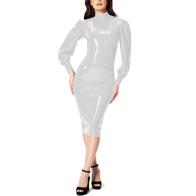Elegant Glossy Leather PVC Midi Dress for Women's Full Zipper Back High Neck Shinny Dress Office Lady Puff Long Sleeve Dresses