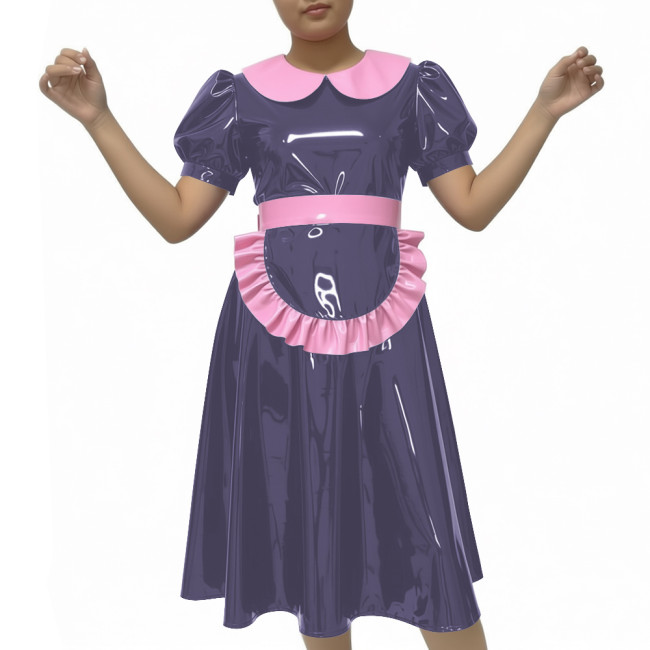 Shiny Party Midi French Maid Dress Sets Glossy PVC Leather Peter Pan Collar Sweet A-line Dress with Apron Sissy Maid Uniforms
