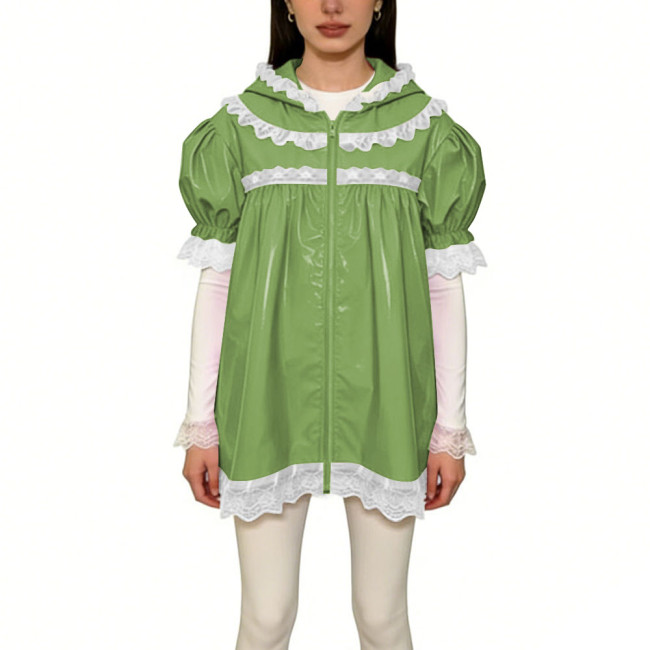 Womens Shiny Lace Trim Short Sleeve PVC Coat Vinyl Patent Leather Princess Style Hooded Jacket Coat Zipper Front Tops Streetwear
