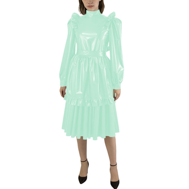 Puff Sleeve Shiny PVC Leather Midi Pleated Dress with Apron Sissy Maid Uniforms for Theme Party Maid Servant Cosplay Costume