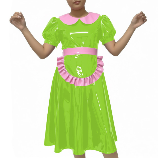 Shiny Party Midi French Maid Dress Sets Glossy PVC Leather Peter Pan Collar Sweet A-line Dress with Apron Sissy Maid Uniforms