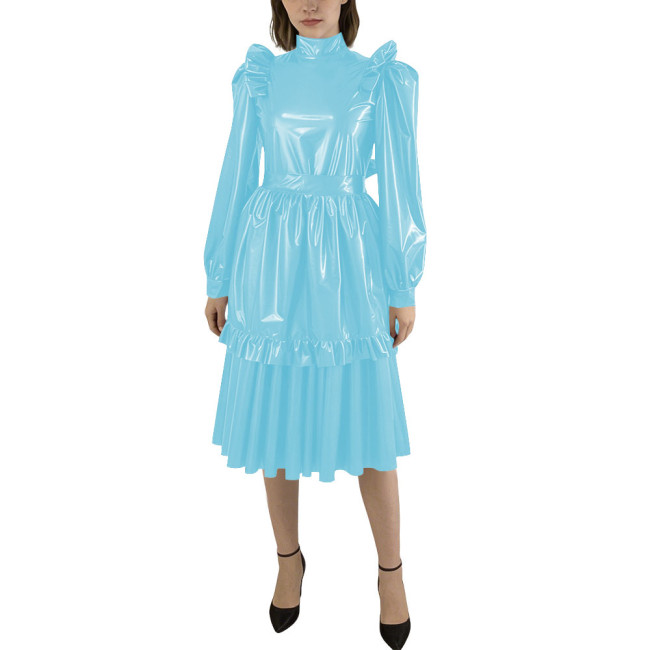 Puff Sleeve Shiny PVC Leather Midi Pleated Dress with Apron Sissy Maid Uniforms for Theme Party Maid Servant Cosplay Costume
