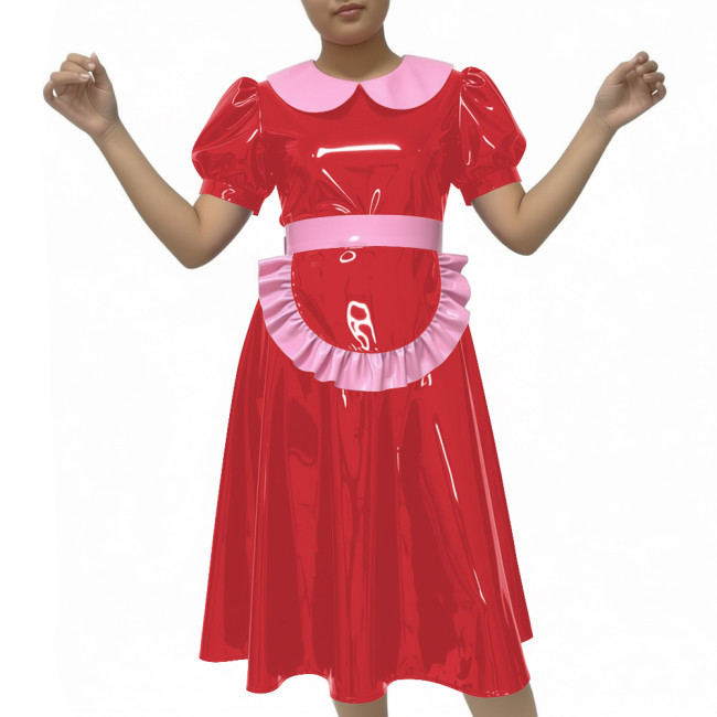 Shiny Party Midi French Maid Dress Sets Glossy PVC Leather Peter Pan Collar Sweet A-line Dress with Apron Sissy Maid Uniforms
