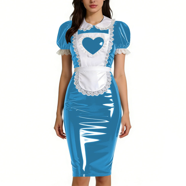 Womens Sweet Heart Apron Slim Maid Dresses Short Sleeve PVC Shiny Leather Lace Trim Servant Dress Sets Party Rolepaly Outfits