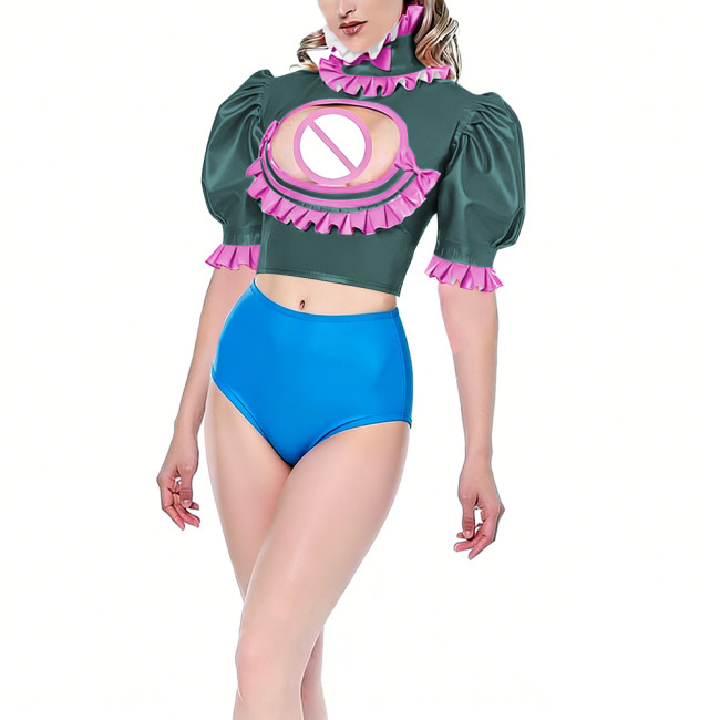 Womens Hollow Out Hot Sexy Crop Top Vinyl PVC Leather Puff Short Sleeve Blouse Exotic Ruffles Open Chest Tops Night Club Wear