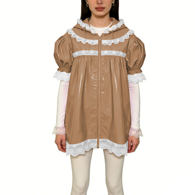 Womens Shiny Lace Trim Short Sleeve PVC Coat Vinyl Patent Leather Princess Style Hooded Jacket Coat Zipper Front Tops Streetwear