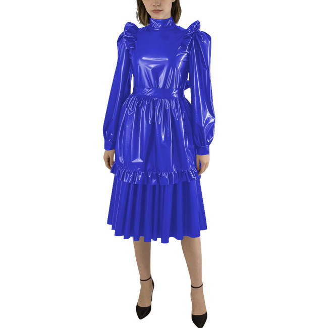 Puff Sleeve Shiny PVC Leather Midi Pleated Dress with Apron Sissy Maid Uniforms for Theme Party Maid Servant Cosplay Costume