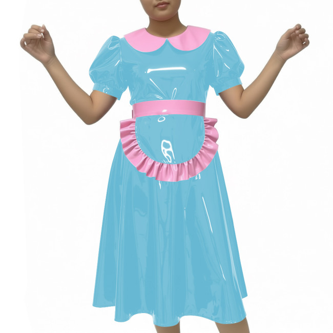 Shiny Party Midi French Maid Dress Sets Glossy PVC Leather Peter Pan Collar Sweet A-line Dress with Apron Sissy Maid Uniforms
