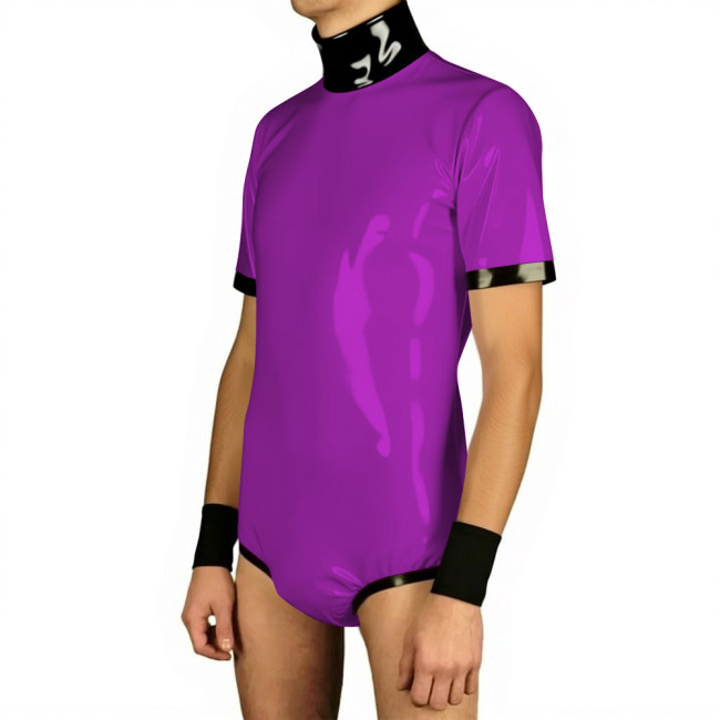 Mens Nightclub Short Sleeve Glossy Bodysuit Male Turtleneck Sexy Patchwork Rompers for Theme Party Dress Up Wetlook Clubwear