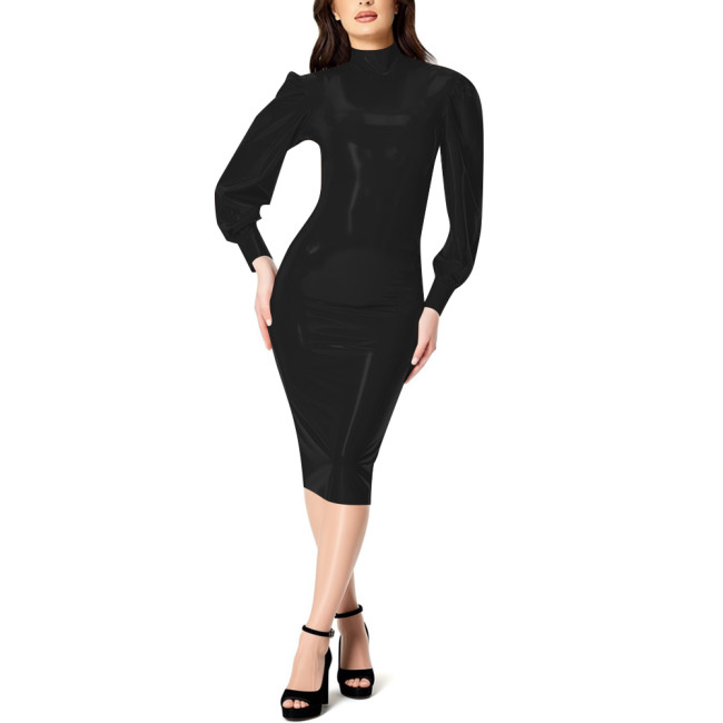 Elegant Glossy Leather PVC Midi Dress for Women's Full Zipper Back High Neck Shinny Dress Office Lady Puff Long Sleeve Dresses