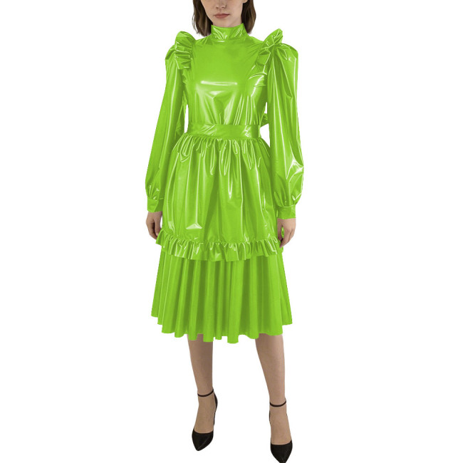 Puff Sleeve Shiny PVC Leather Midi Pleated Dress with Apron Sissy Maid Uniforms for Theme Party Maid Servant Cosplay Costume
