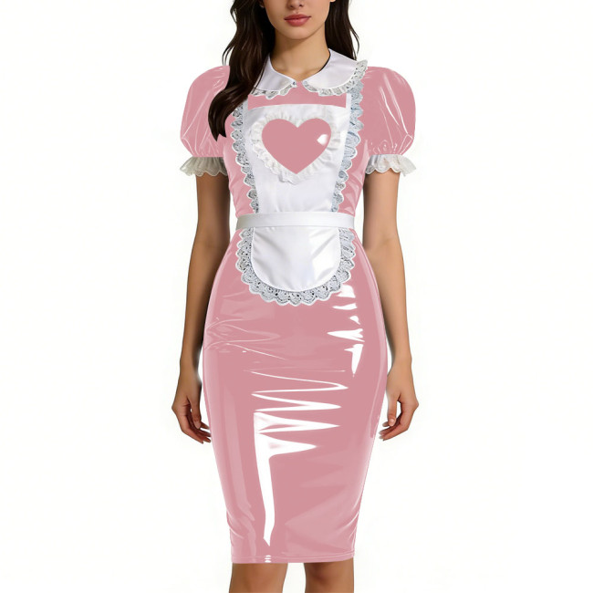 Womens Sweet Heart Apron Slim Maid Dresses Short Sleeve PVC Shiny Leather Lace Trim Servant Dress Sets Party Rolepaly Outfits