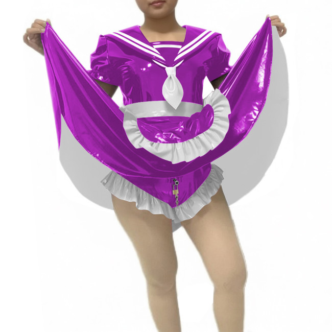Sissy Lockable Preppy Style Sailor Collar Skirted Bodysuit Short Sleeve Party Cosplay PVC Maid Dress with Apron Roleplay Outfit
