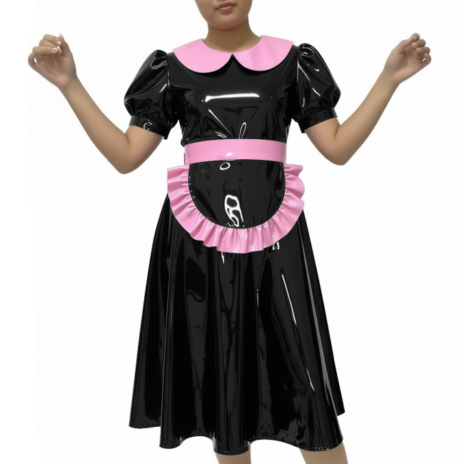 Shiny Party Midi French Maid Dress Sets Glossy PVC Leather Peter Pan Collar Sweet A-line Dress with Apron Sissy Maid Uniforms