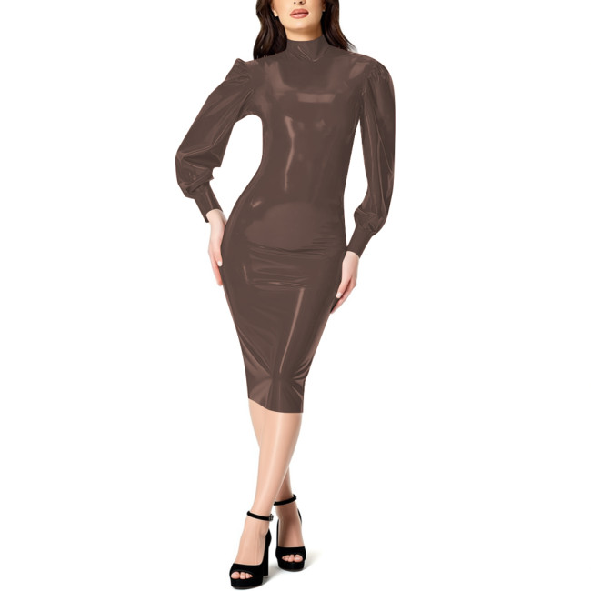 Elegant Glossy Leather PVC Midi Dress for Women's Full Zipper Back High Neck Shinny Dress Office Lady Puff Long Sleeve Dresses