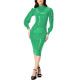 Elegant Glossy Leather PVC Midi Dress for Women's Full Zipper Back High Neck Shinny Dress Office Lady Puff Long Sleeve Dresses