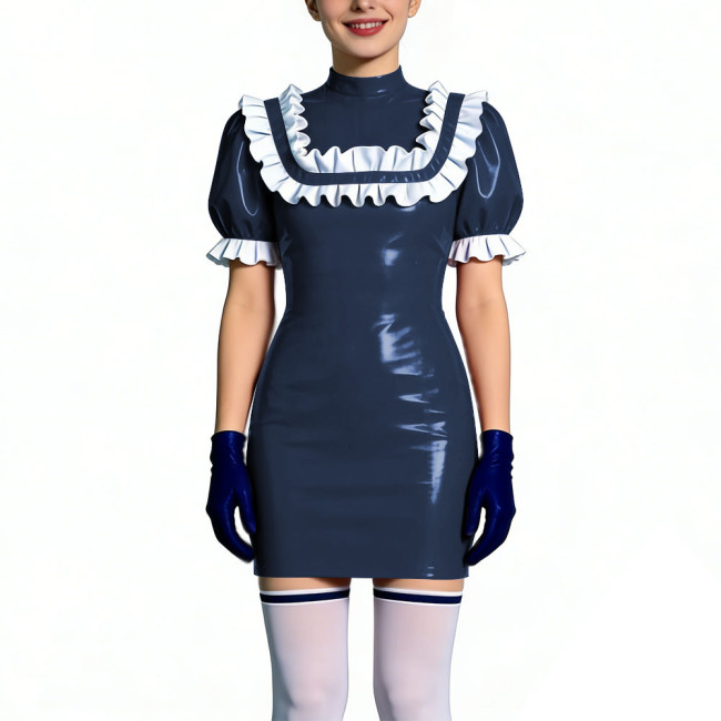 Gothic Shiny PVC Leather Bodycon Mini Dress with Ruffles Womens Short Sleeve Skinny Party Short Dress Club Tight Gown Vestidos