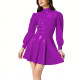 Women's PVC Shiny Mini Dress Fashion Puff Long Sleeve Turtleneck Pleated Dress Glossy Patent Leather Carnival Party Short Dress