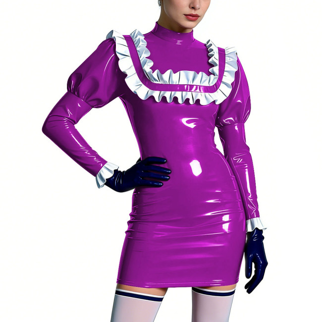 Mock Neck Shiny Ruffles Mini Dress Womens PVC Leather Short Prom Dress Cocktail Party Bodycon Dress Lolita Masquerade Costume
