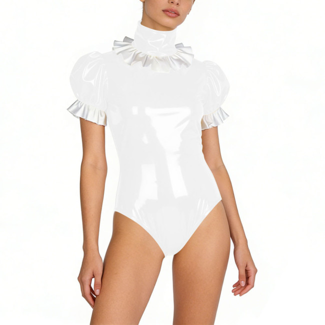 Sexy Womens PVC Glossy Leather Bodysuit Turtleneck Puff Sleeve Ruffled Lockable Skinny Rompers Party Club Stage Wetlook Playsuit